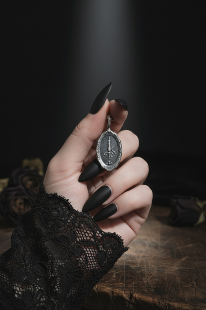 Colgante victoriano en mano con uñas negras