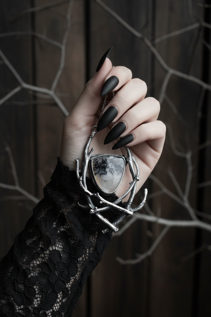 Collar en mano con estética The Witch