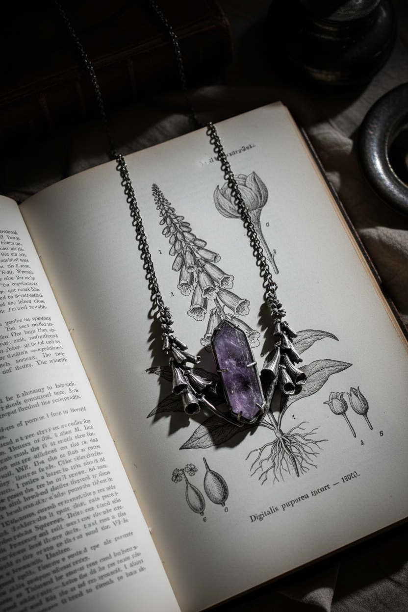 Collar sobre libro botánico con ilustraciones en blanco y negro