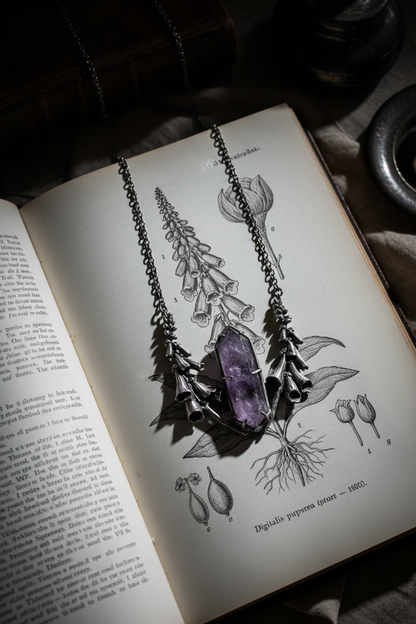 Collar sobre libro botánico con ilustraciones en blanco y negro