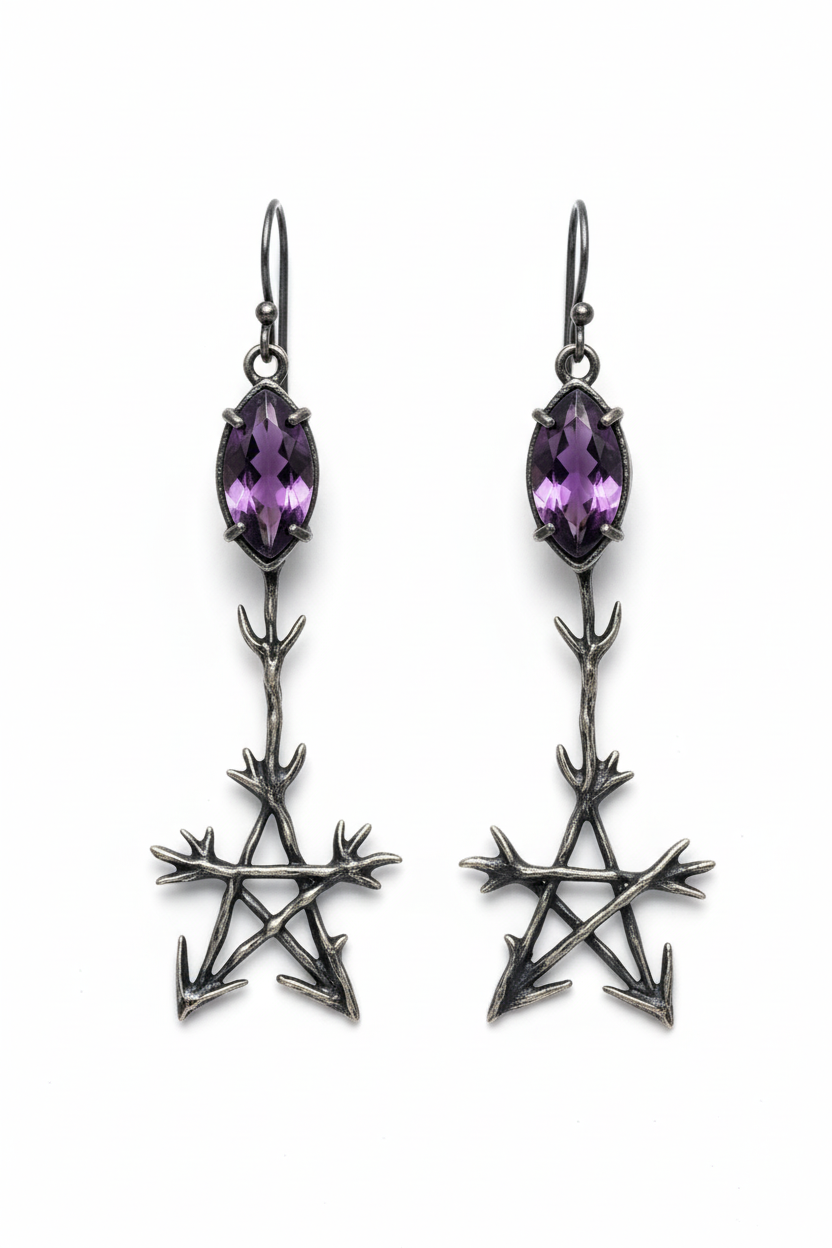Pendientes de pentagrama con amatista y ganchos completos